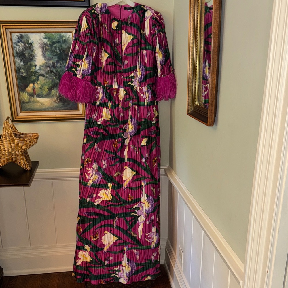Andrew GN Gown Flowers & Butterflies 🦋 Floral Maxi Dress Feather Sleeves L 46
